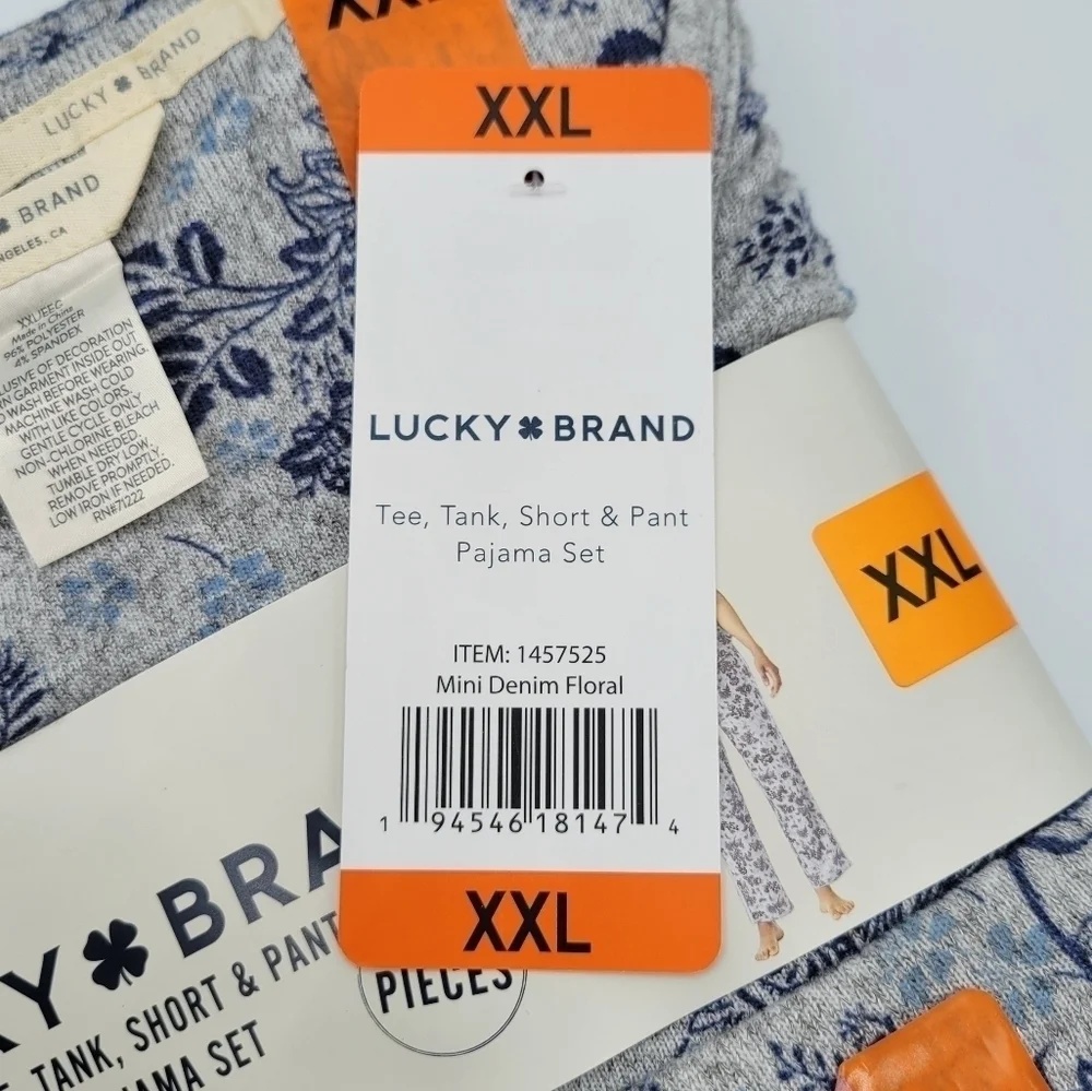 Lucky Brand Mini Denim Floral 4 Piece Pajama Set Blue Grey XXL